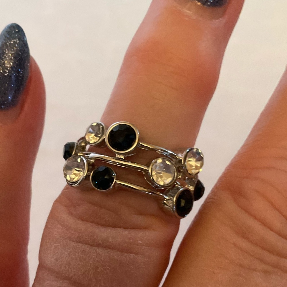 Unique Size 8 Silver Clear/ Blue Black Zircon Ring